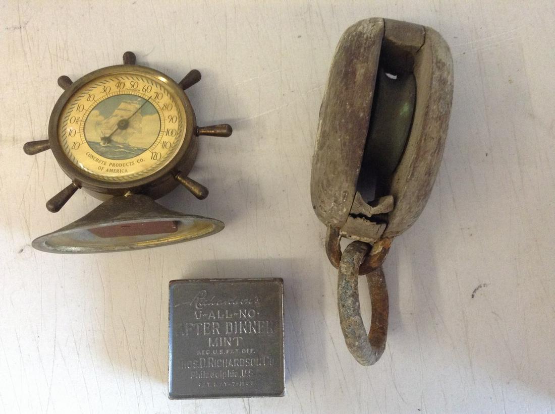 Ship wheel barometer, block n tackle & vintage tin: Ship wheel barometer, block n tackle & vintage tin