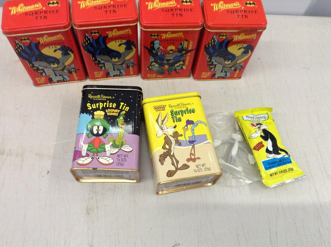 lot of vintage Whitman's & Russel Stover tins with toy: lot of vintage Whitman's & Russel Stover tins with toy & candy