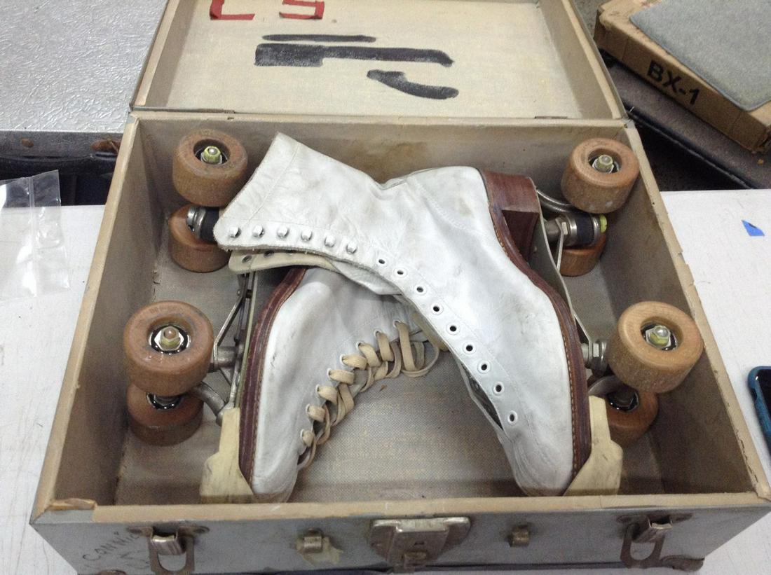 1950s wood wheel roller skates with case: 1950s wood wheel roller skates with case
