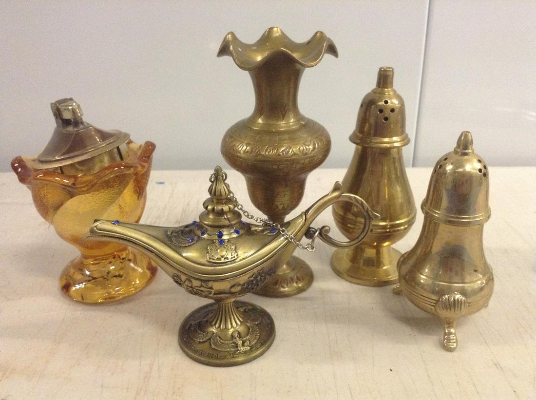 depression glass lighter and other brass items: depression glass lighter and other brass items salt/pepper shakers and genie lamp