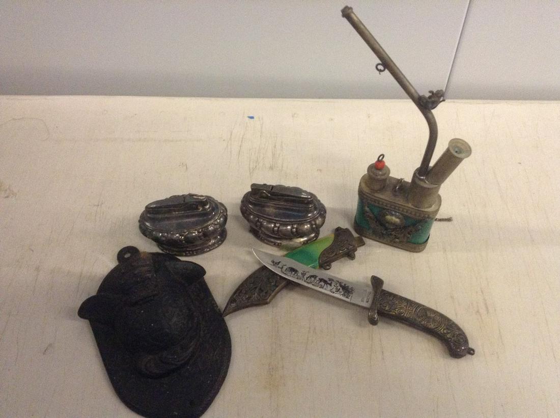 mcm table top lighters, inlaid knife, cast iron match: mcm table top lighters, inlaid knife, cast iron match stick holder and more