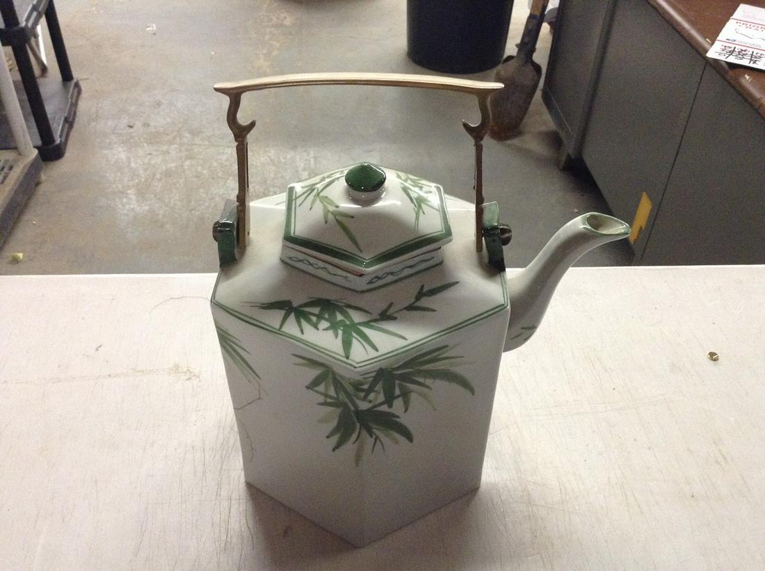 brass and porcelain teapot, measure 14" high no chips: brass and porcelain teapot, measure 14" high no chips or cracks