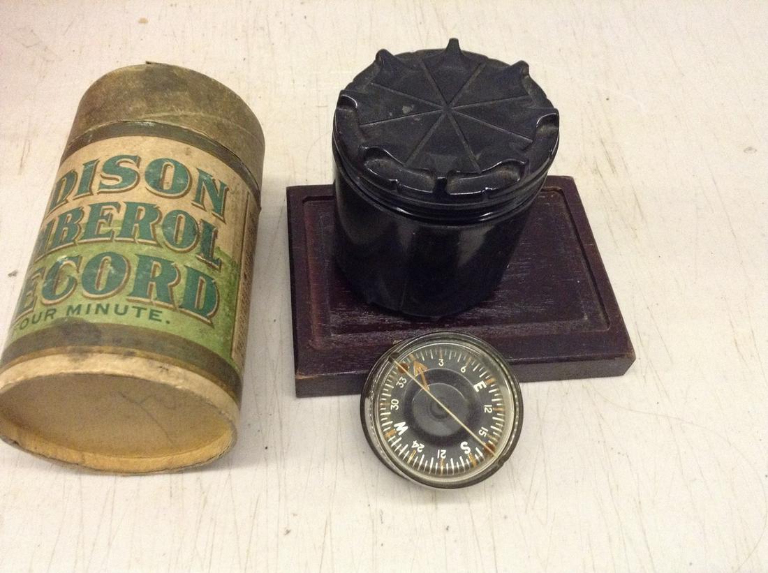 Bakelite case with compass made by us gage company,: Bakelite case with compass made by us gage company, Edison empty record container