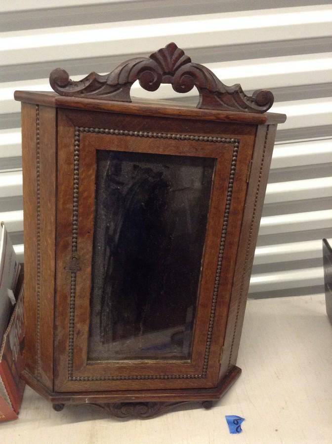 corner wood locking caiour cabinet with key 24" high: corner wood locking caiour cabinet with key 24" high 16" across