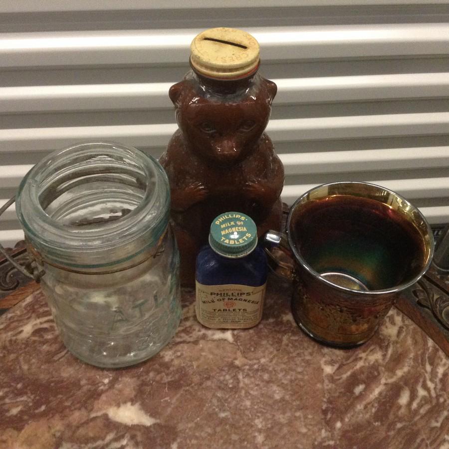 carnival glass, vintage bottle, mason jar, snow crest: carnival glass, vintage bottle, mason jar, snow crest piggy bank