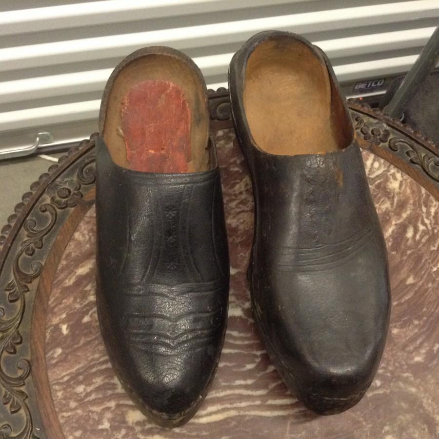 turn of the century wood shoes, wooden leather 1800's: handicap shoes, 12" long