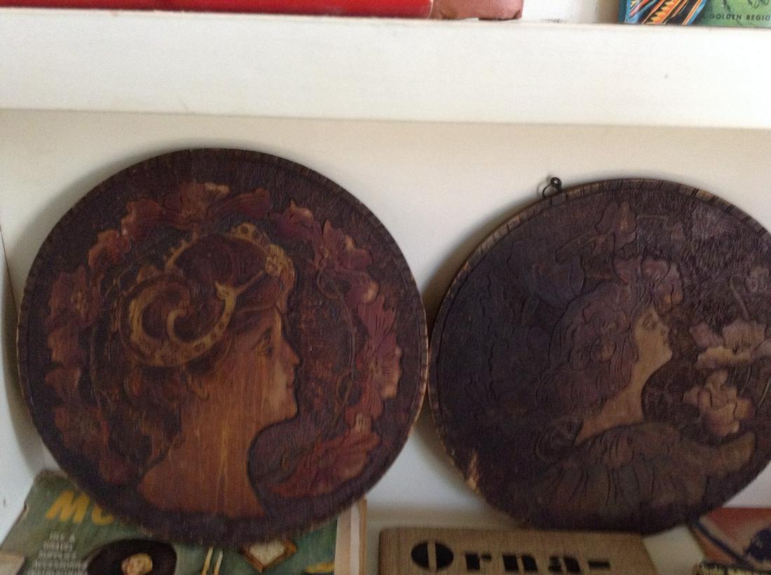 two wooden early wall hangings 9" across (1 of 1)