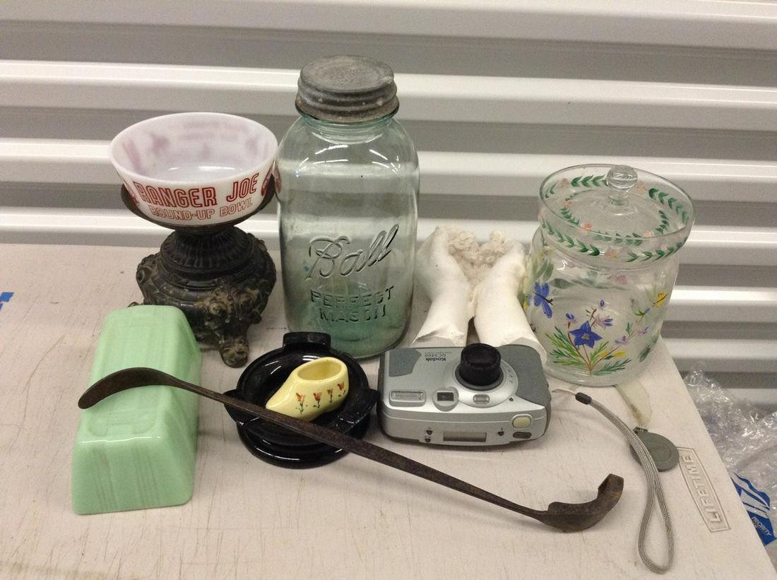 Ranger Joe bowl, Mason Jars with zinc lids, hand: Ranger Joe bowl, Mason Jars with zinc lids, hand painted flower jar and more