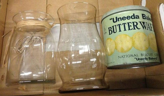 Vintage biscuit tin and glass vases (1 of 1)