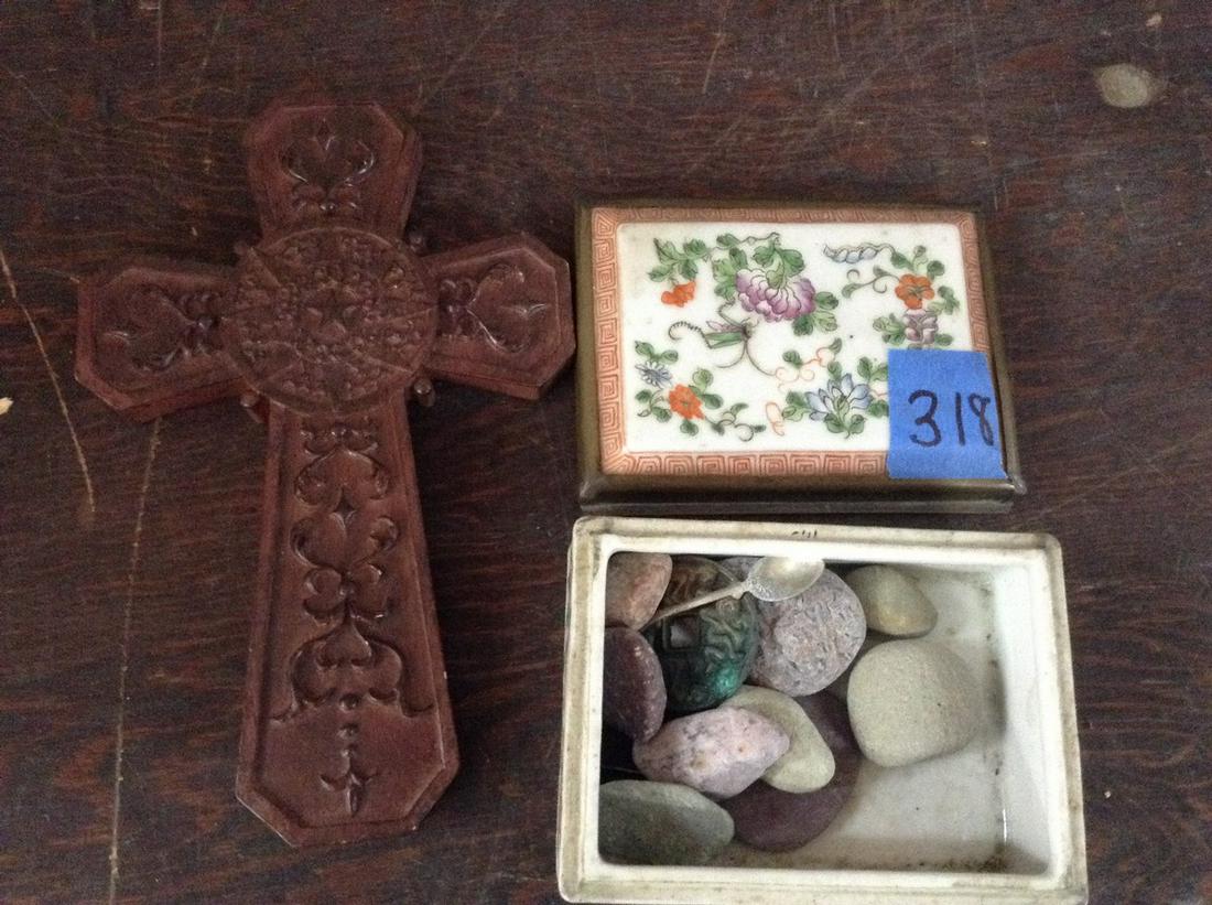 painted trinket box and ceramic cross: painted trinket box and ceramic cross