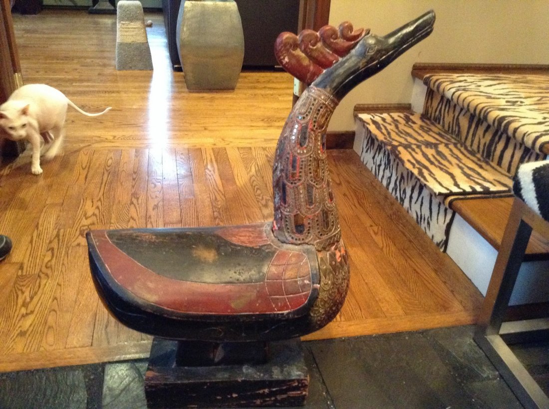 HAND CARVED JEWELED GOOSE: VERY EARLY HAND CARVED AN JEWELED INLAID GOOSE MEASURES 20 INCHES LONG 31 HIGH 11 WIDE IT LOOKS LIKE IT IS SIGNED BUT CANNOT READ AND BE SURE