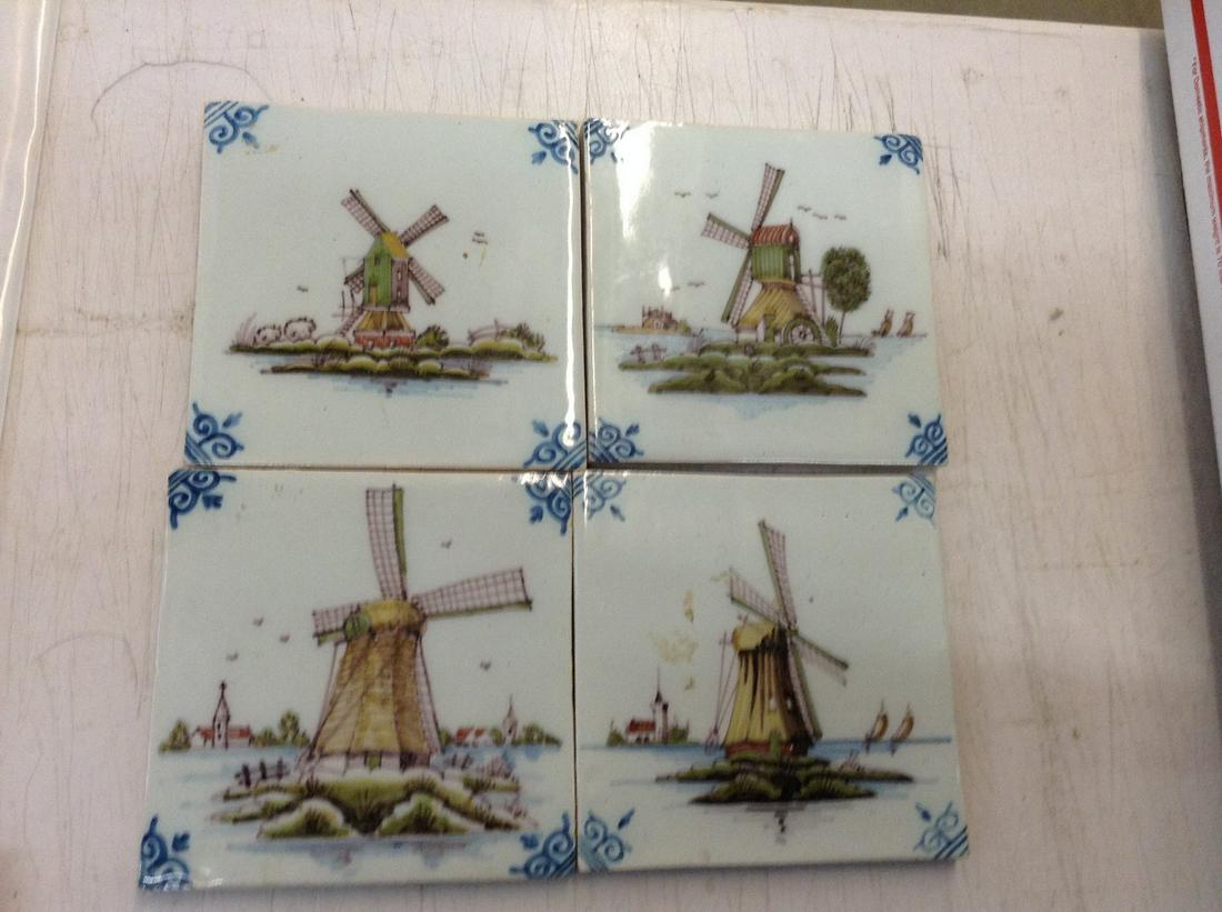 four marked hb hand painted windmill tiles: four marked hb hand painted windmill tiles