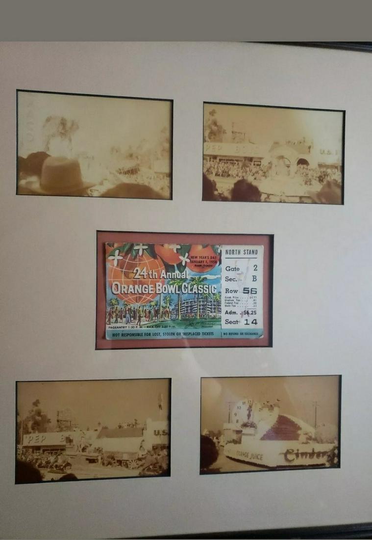 1958 Oklahoma vs Duke Orange Bowl framed tickets: 1958 Oklahoma vs Duke Orange Bowl framed tickets. Frame includes vintage photos and authentic game tickets