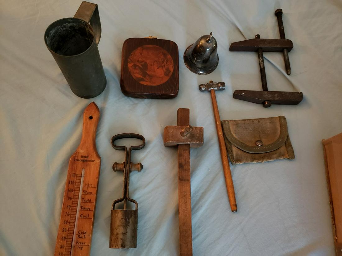 Lot of vintage/antique small items: Lot of vintage/antique small items - wooden thermometer, metal clamp, and more