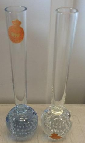 Holmegaard pair of crystal vases with paper labels: 6" tall