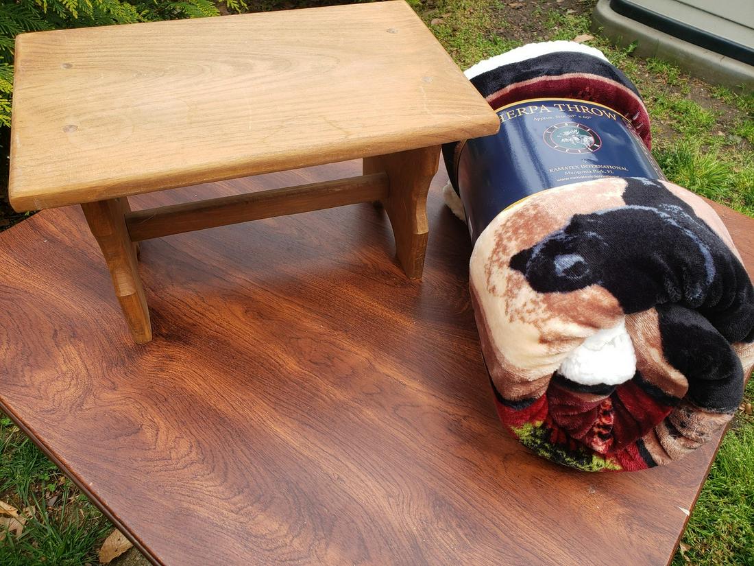 Wooden stool and brand new sherpa throw: Wooden stool and brand new sherpa throw