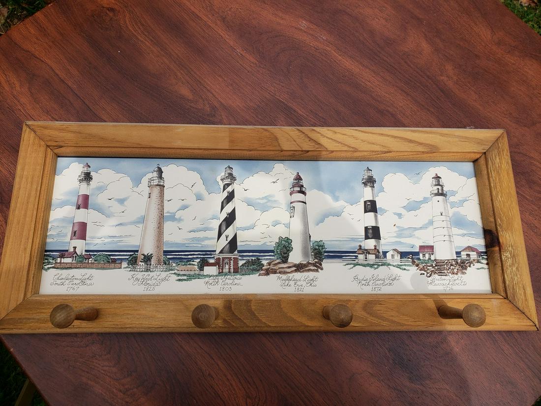 handmade wooden coat hanger with painted lighthouses: handmade wooden coat hanger with painted lighthouses