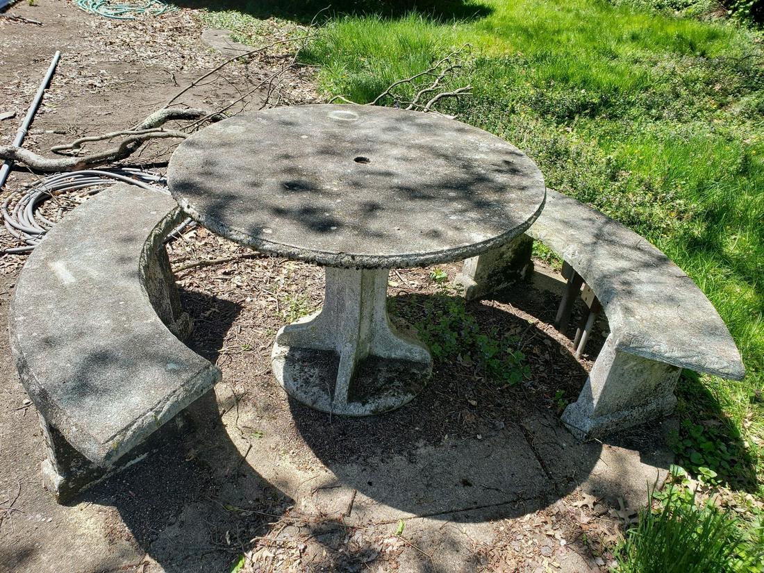 Large cement table and benches: Large cement table and benches. Table has a hole for umbrella