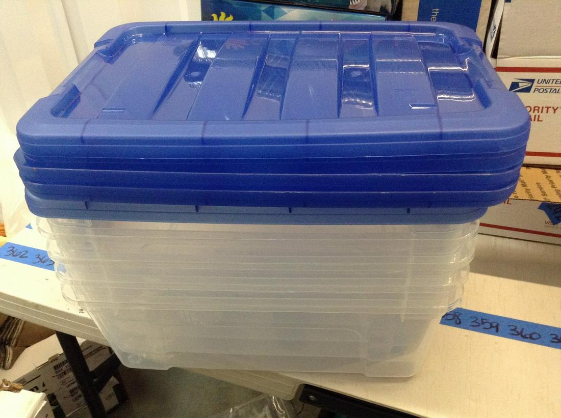 stack of five plastic totes with handles and lids: stack of five plastic totes with handles and lids