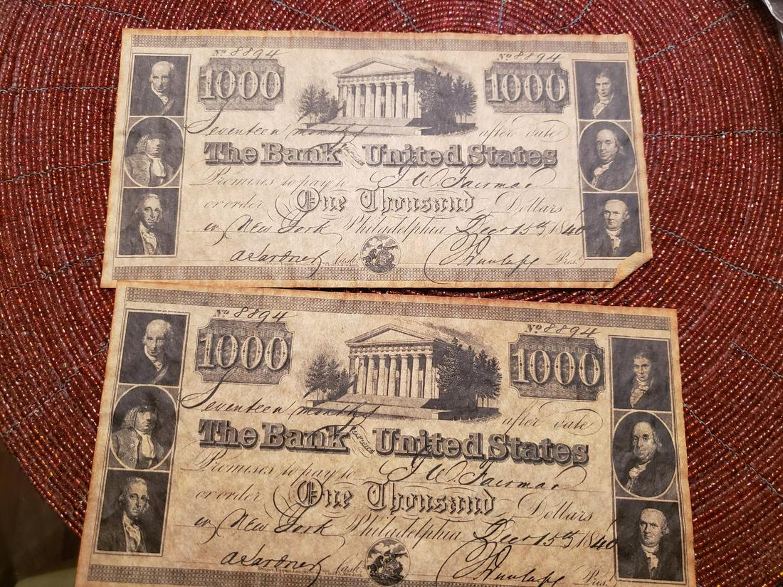 Two vintage 1000 Bills numbered: Two vintage 1000 Bills numbered