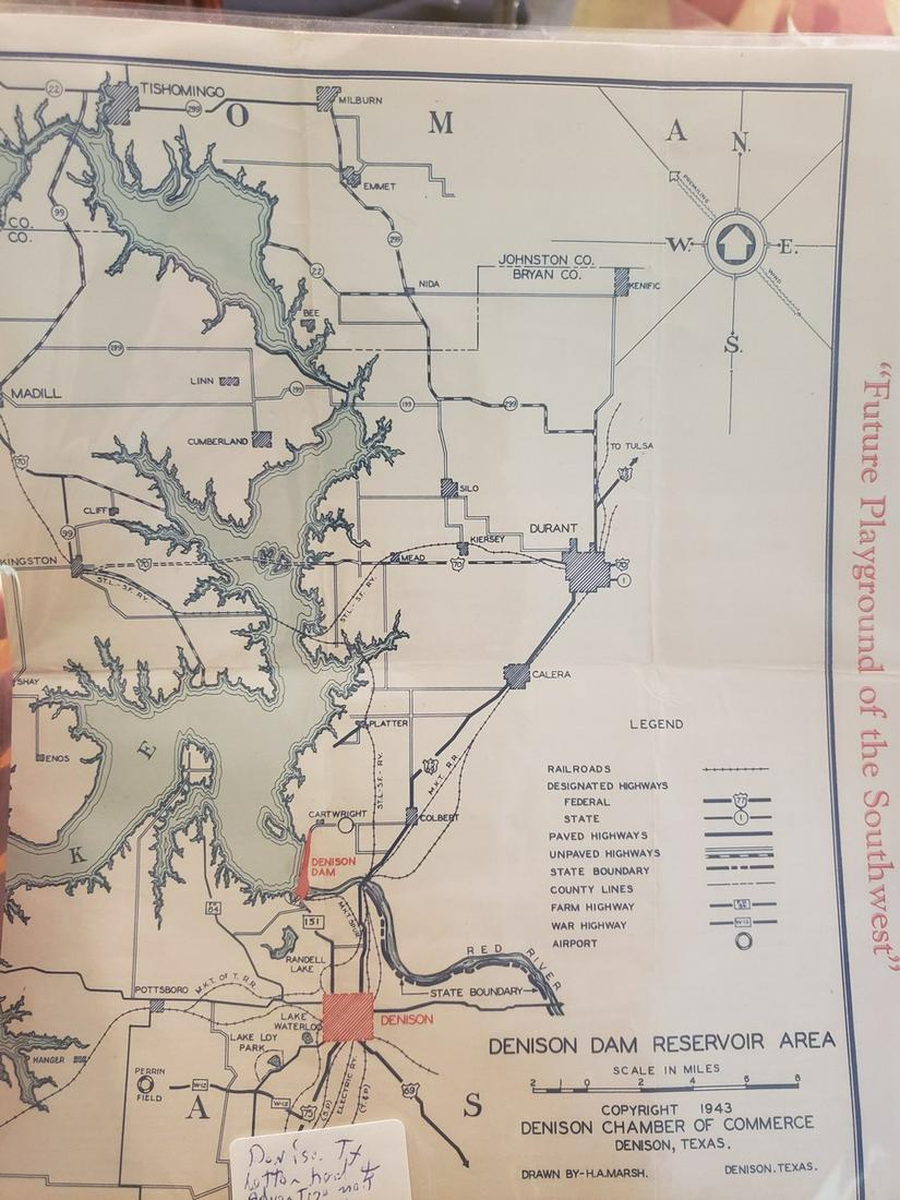Vintage Denison Dam reservoir area map 1943: Vintage Denison Dam reservoir area map 1943
