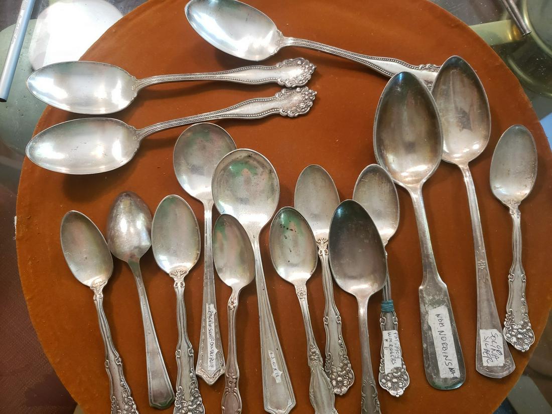 lot of vintage spoons: lot of vintage spoons - all different markings some state wm rogers 1904, 60 solina silver, nbm
