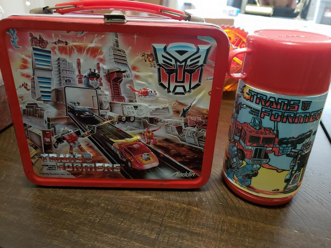 vintage 1986 metal Transformers lunchbox and thermos by: vintage 1986 metal Transformers lunchbox and thermos by Aladdin