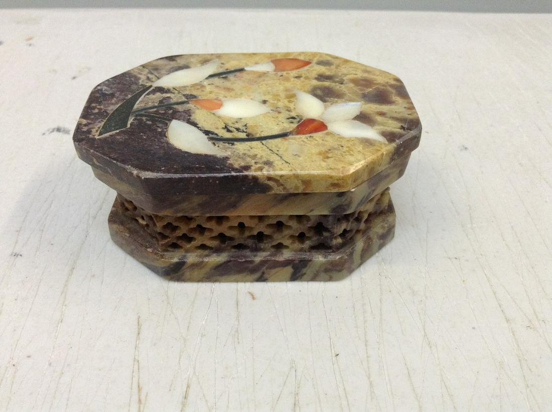 bone pearl inlaid hand carved trinket box, 3" long: bone pearl inlaid hand carved trinket box, 3" long