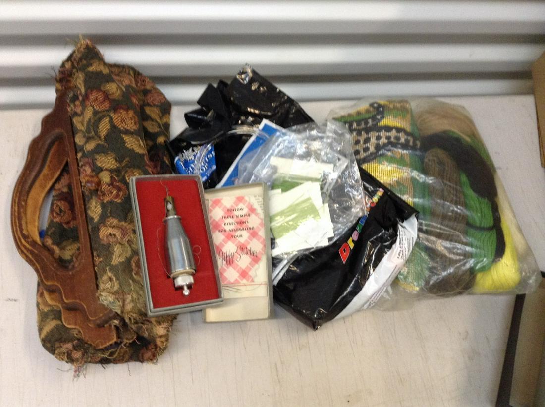 vintage sewing bag , sewing pieces, jiffy sticker and (1 of 1)