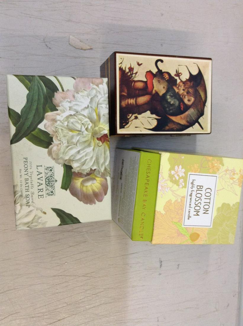 Hummel music box, scented candle and vintage bar soap (1 of 1)