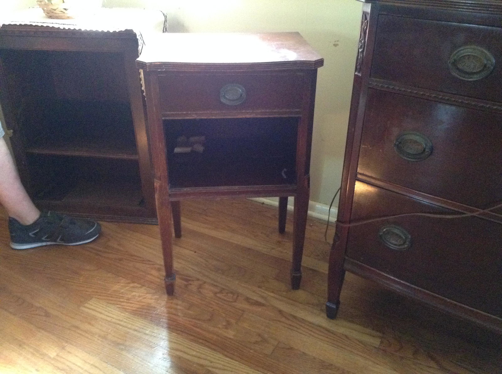 McCreery end table with metal tags in the back: McCreery end table with metal tags in the back