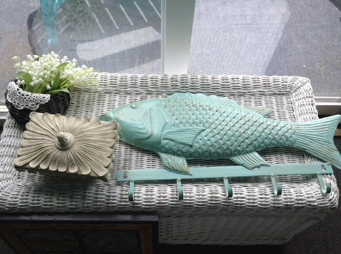 brass fish coat rack, covered dish and other items: brass fish coat rack, covered dish and other items