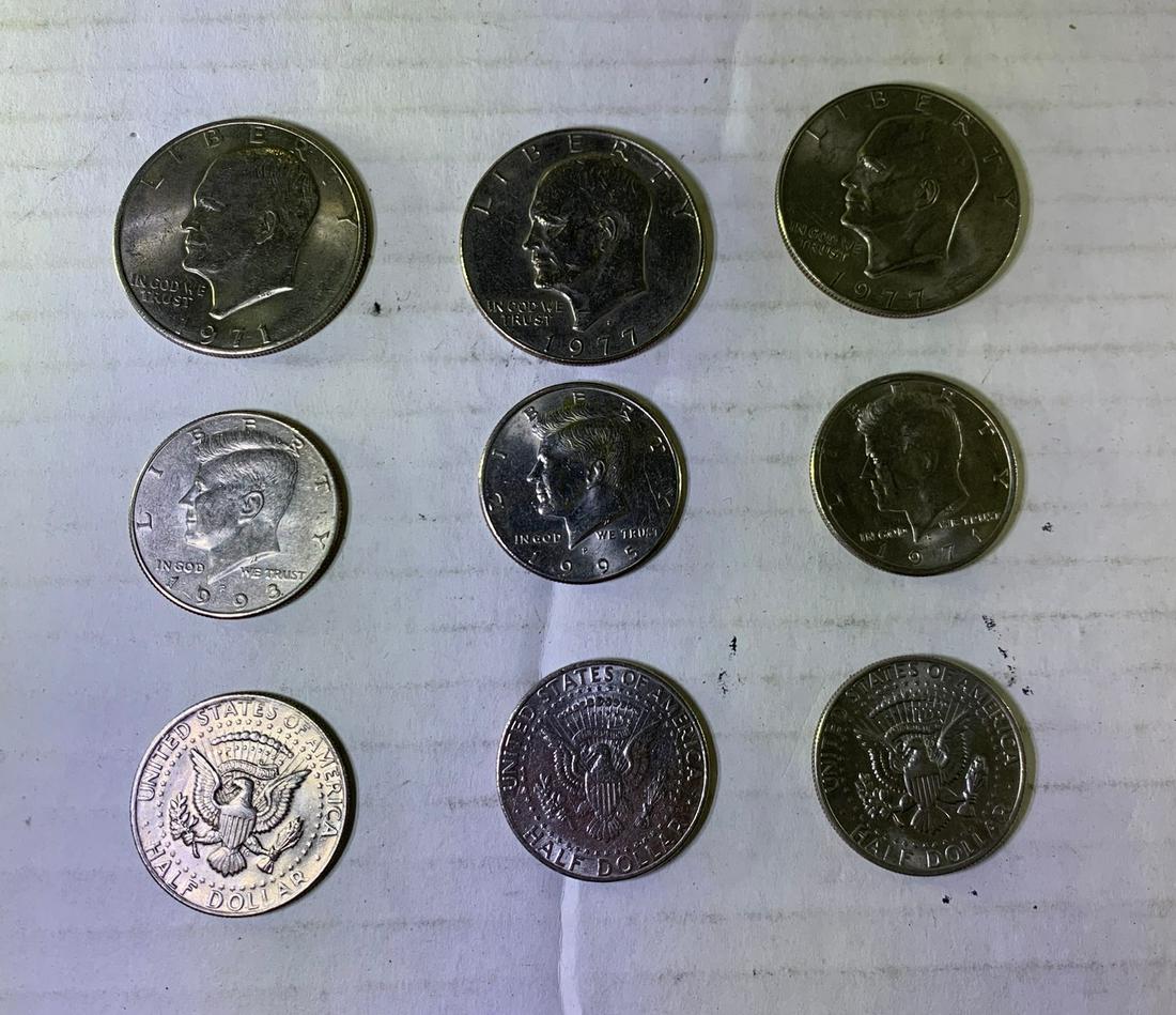 3 Eisenhower Silver Dollars, 6 Kenedy 1/2 Dollar Pieces (1 of 1)