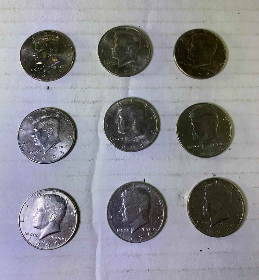 9 Kennedy 1/2 Dollar Pieces Mix dates: 9 Kennedy 1/2 Dollar Pieces