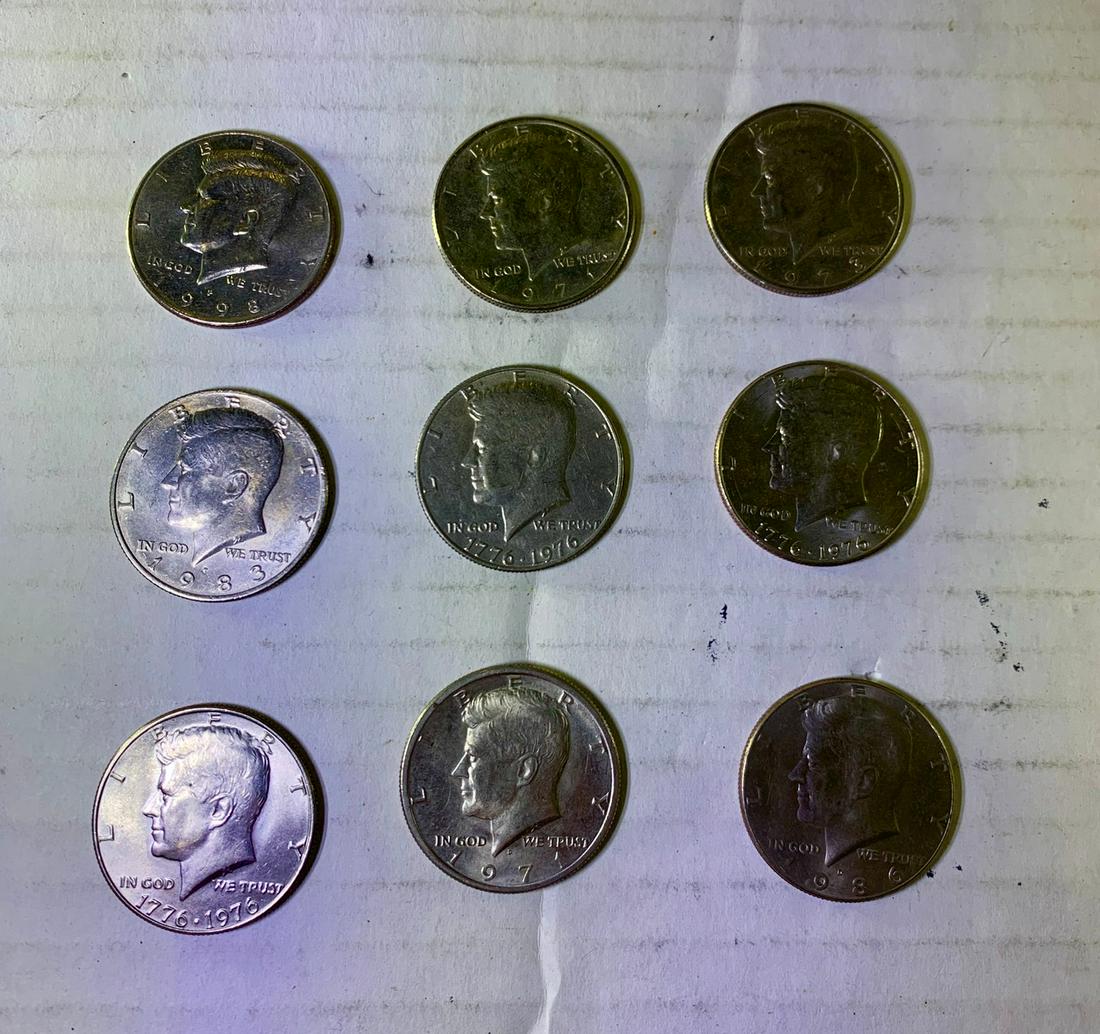 9 Kennedy 1/2 Dollar Pieces Mix Date: 9 Kennedy 1/2 Dollar Pieces