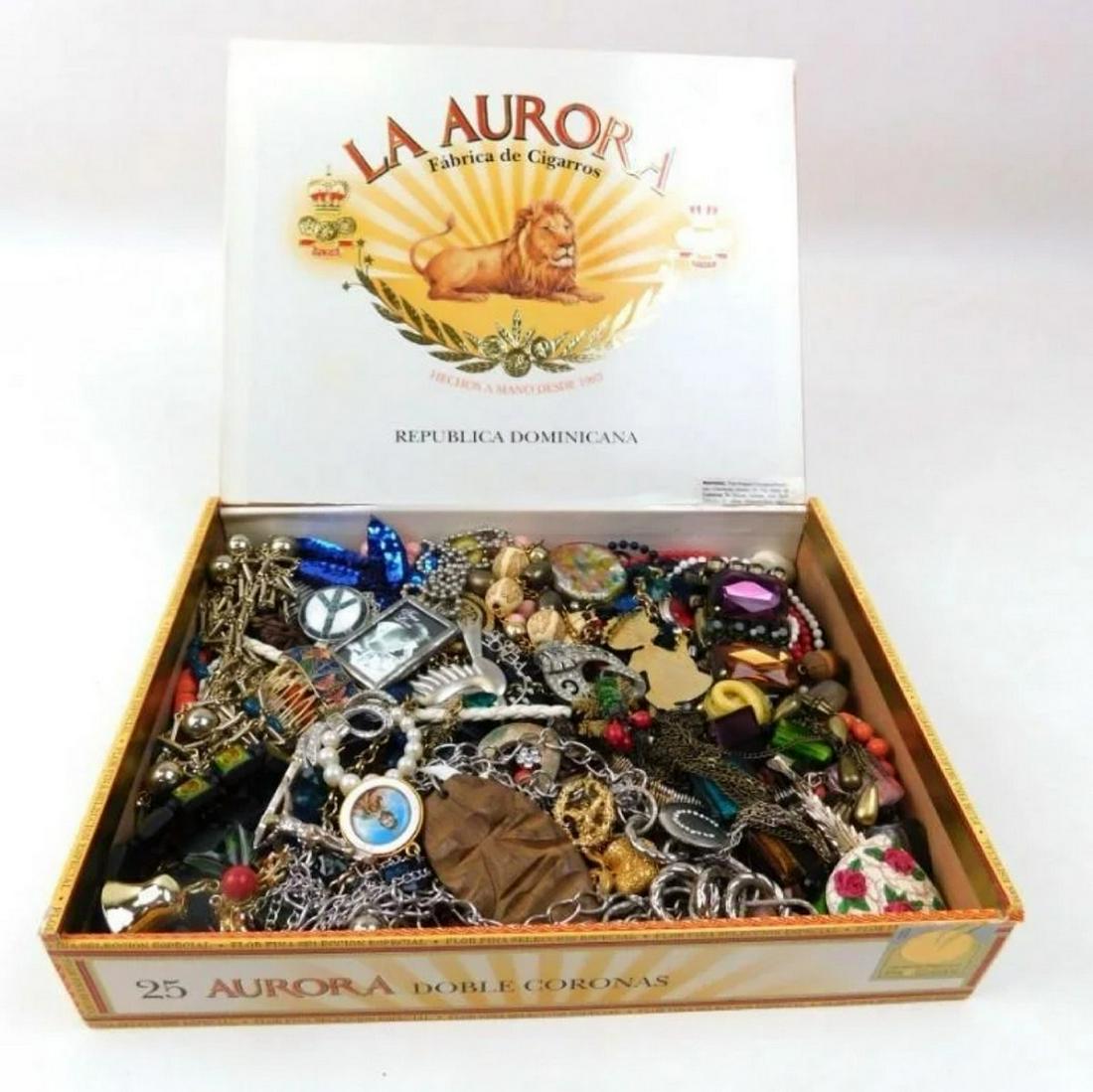 Cigar box full of costume/vintage jewelry: Cigar box full of costume/vintage jewelry