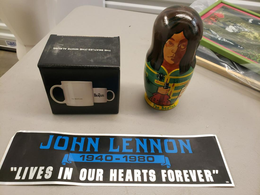Beatles items - White album mug, The Beatles nesting: Beatles items - White album mug, The Beatles nesting dolls, John Lennon bumper sticker
