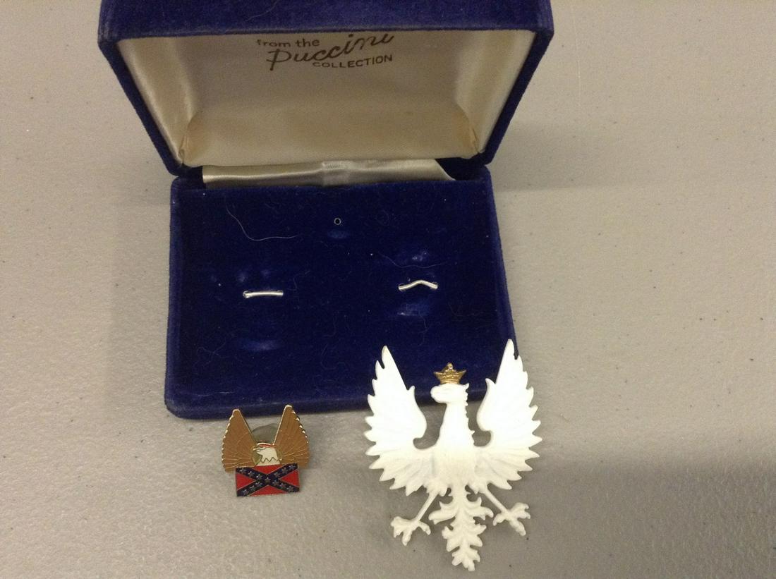 hand carved polish eagle, confederate label pin: hand carved polish eagle, confederate label pin