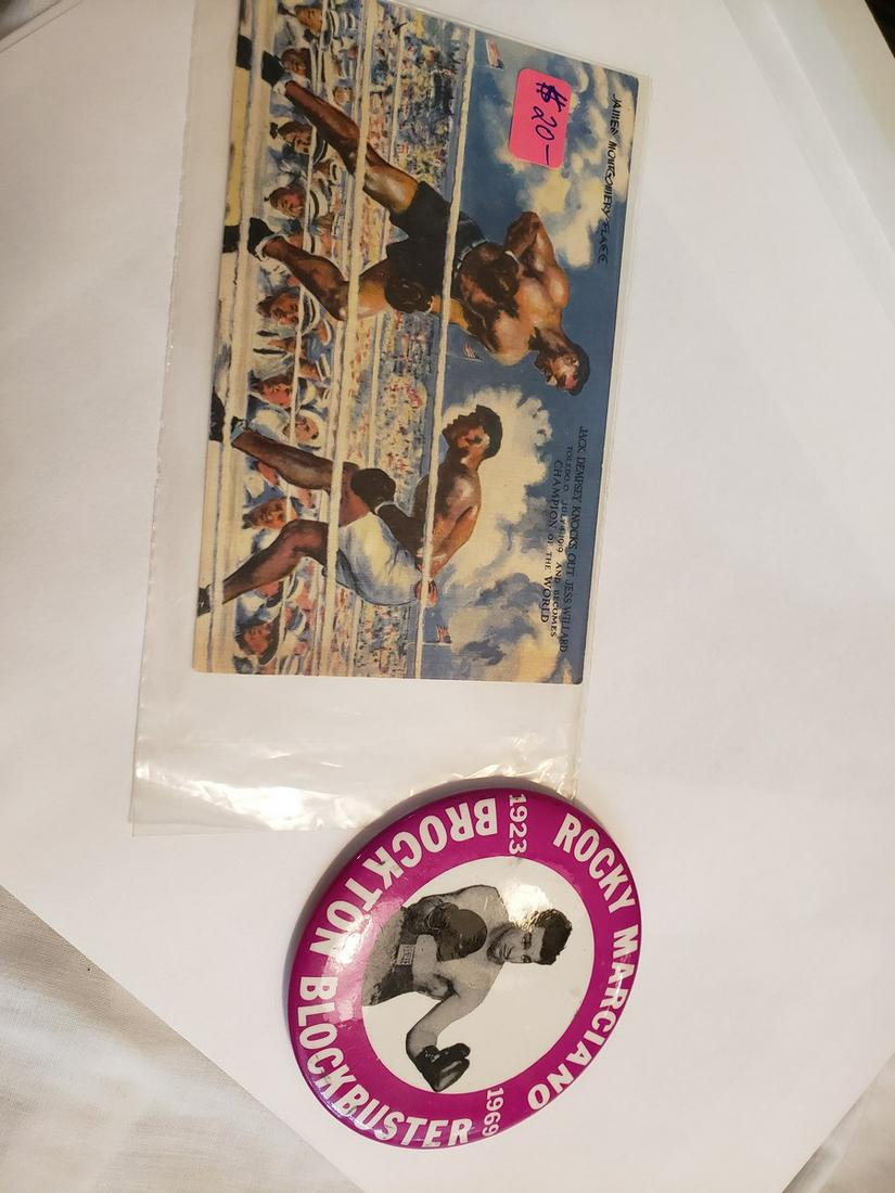 Rocky Marciano pin and vintage Jack dempsey postcard (1 of 1)