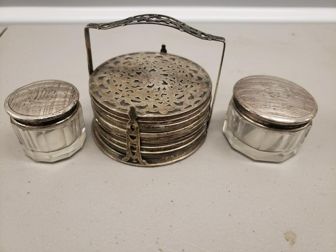 pair of sterling salt & pepper shakers and sterling: pair of sterling salt & pepper shakers and sterling coasters