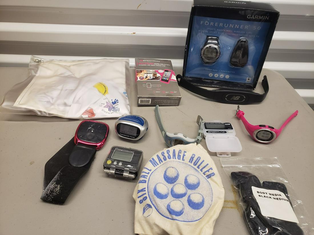 lot of workout items - new balance watches, reebok: lot of workout items - new balance watches, reebok watches, garmin forerunner, armband and more