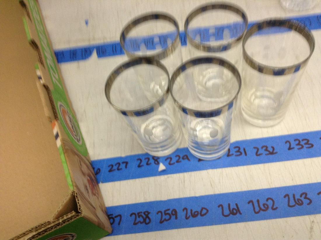 dorothy thorpe mcm silver rimmed drink glasses lot of 5: dorothy thorpe mcm silver rimmed drink glasses lot of 5 5" tall
