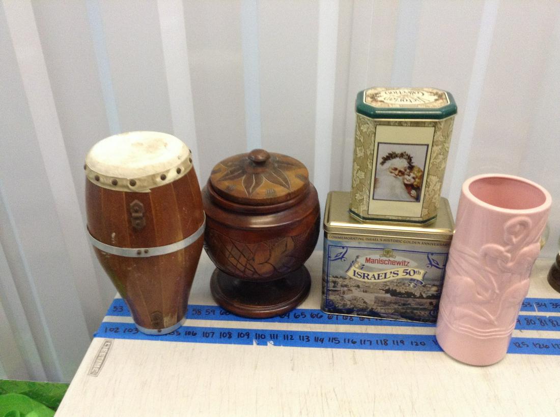 pink vase, hand carved container with lid, wooden drum (1 of 1)