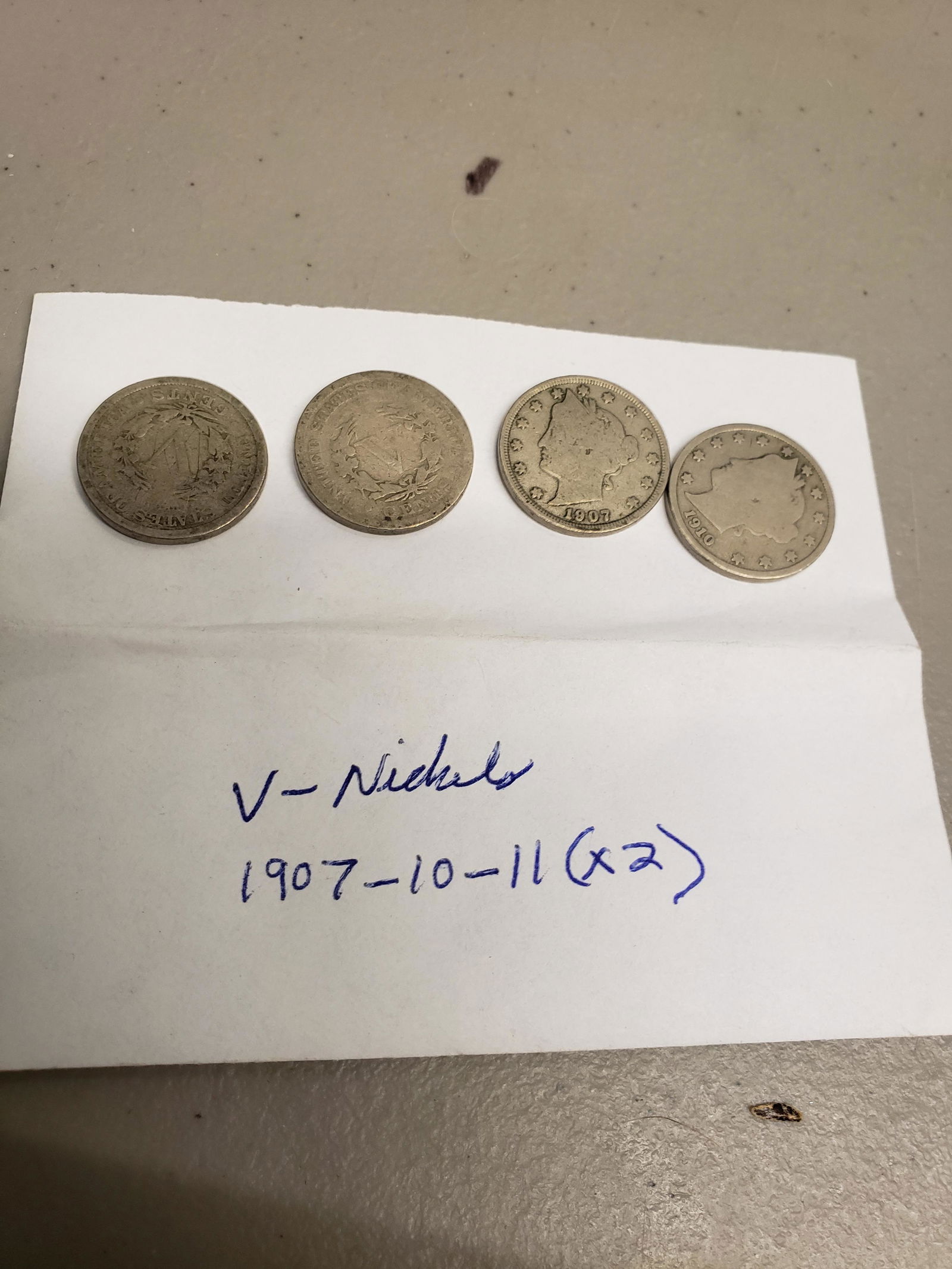 Four V-Nickels. One 1907, one 1910, two 1911 (1 of 1)