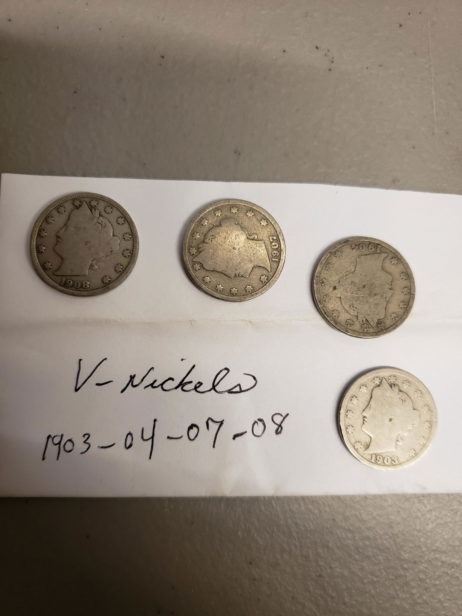 Four V-Nickels. One 1903, one 1904, 1907, 1908 (1 of 1)