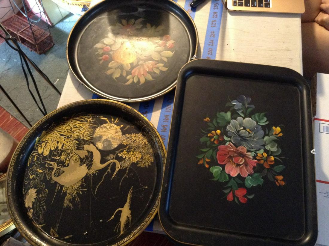 hand painted early tin trays lot of three (1 of 1)
