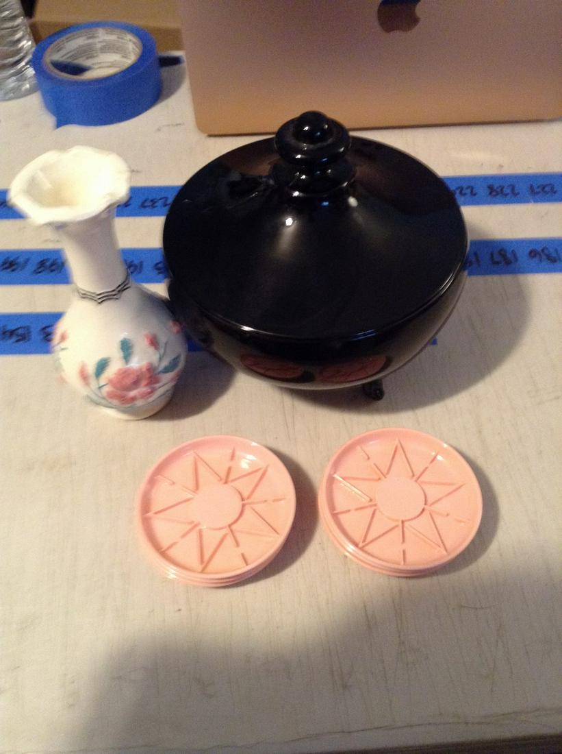 covered candy dish, mcm coasters and vase (1 of 1)
