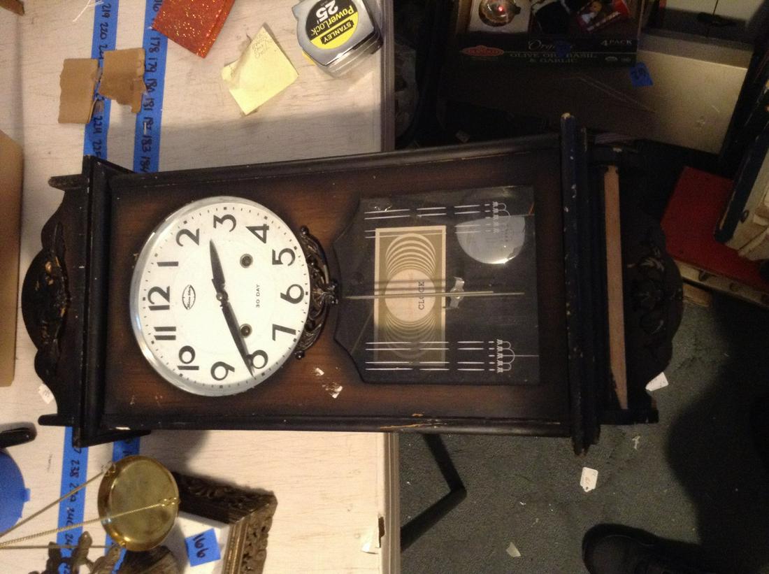 30 day school clock wood cabinet 27" long: 30 day school clock wood cabinet 27" long