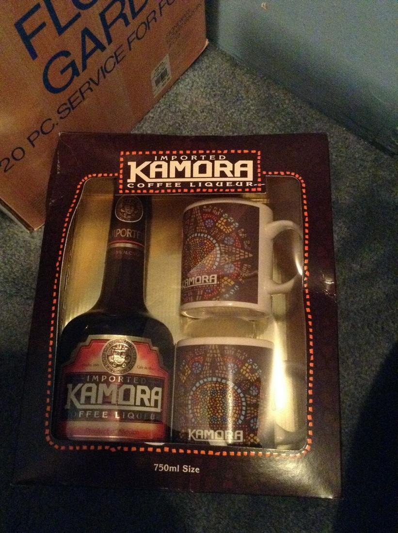 kamora coffee liqueur 750ml bottle gift set complete: Any contents in bottle is Free; You are bidding on the bottle & unbroken tax stamp