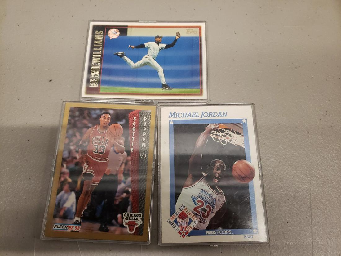 Three sports cards - Michael Jordan, Scottie Pippen and: Three sports cards - Michael Jordan, Scottie Pippen and Bernie Williams